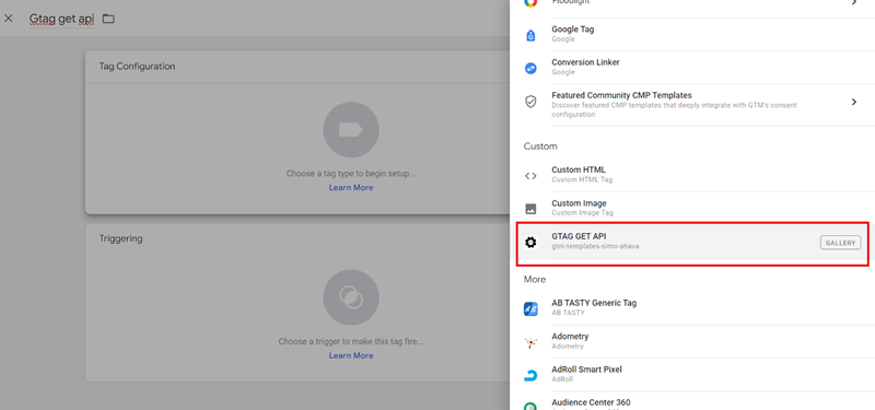 click on the custom template ‘GTAG GET API‘