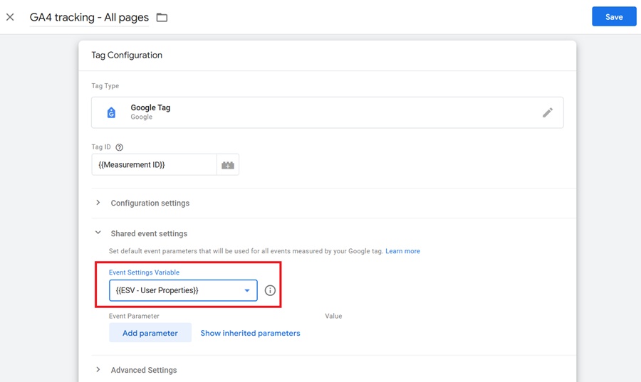 Add the Event Settings Variable to your Google Tag